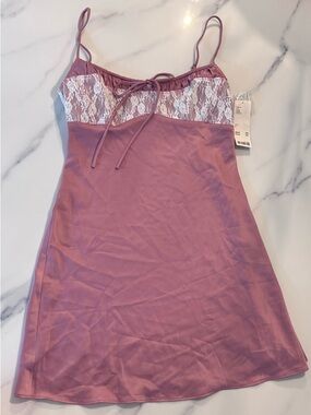 Urban Outfitters Mauve Satin Slip Dress with White Lace